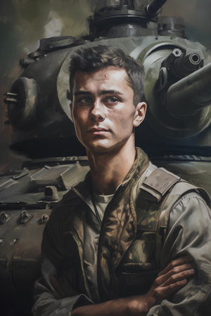 Portrait of a young soldier on the background of military equipment.の素材