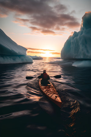 Kayak on the background of icebergs at sunset. 3d renderingの素材
