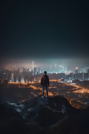 Man standing on the top of a hill and looking at the night cityの素材