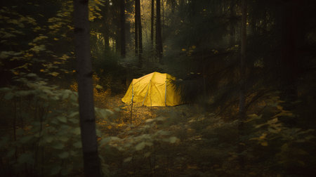Yellow tent in the forest. Camping in the woods during autumn.の素材