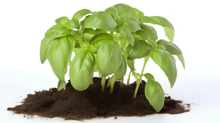 Fresh basil plant growing in soil isolated on white background. Close up.の素材