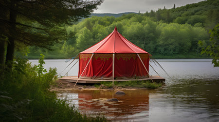 Red tent on the bank of the lake in the middle of the forestの素材