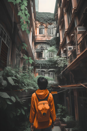 Man traveler with backpack looking at old building in Hanoi, Vietnamの素材