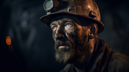 Portrait of a miner in a mine on a dark background.の素材