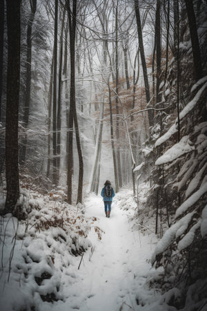 A girl in a blue jacket walks along a snowy forest path.の素材