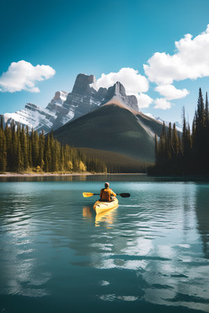 Canoeing on the lake in the Canadian Rockies, Banff National Parkの素材