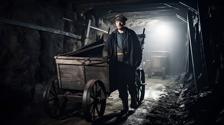 Portrait of a miner with a cart in an underground mine.の素材
