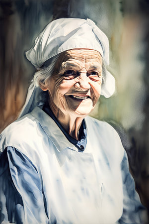 Portrait of an elderly woman wearing a chef hat and apronの素材