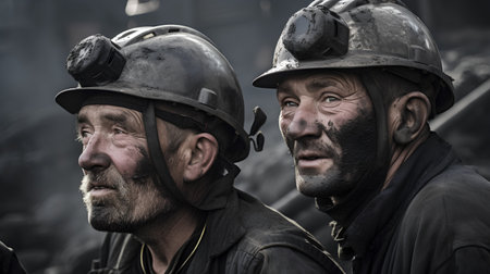 Portrait of two firemen with helmets and smoke on the backgroundの素材
