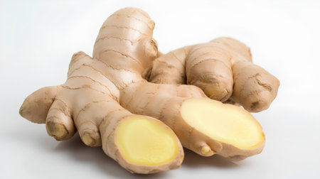 Ginger root on white background. Close up. Top view.の素材