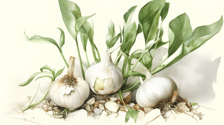 still life with garlic and sprouts on a white background, digital paintingの素材