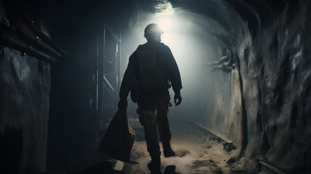 Silhouette of a man in a mine tunnel with a flashlightの素材