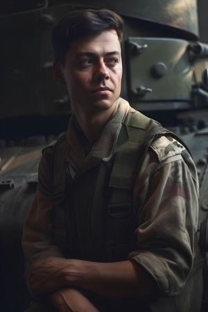 Portrait of a young soldier in military uniform on the background of military equipmentの素材