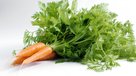 Bunch of fresh carrots and parsley isolated on white background.の素材