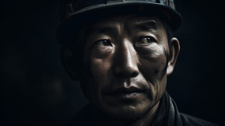 Portrait of a man in a military uniform and helmet. Selective focus.の素材