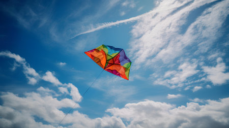 Colorful kite flying in the blue sky with white clouds.の素材