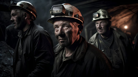 Portrait of a miner in a coal mine. Dark tone.の素材