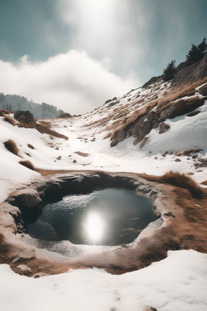 Beautiful winter landscape in the mountains. Small lake in the mountains.の素材