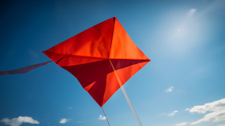 Red kite flying in the blue sky. Summer vacation concept.の素材