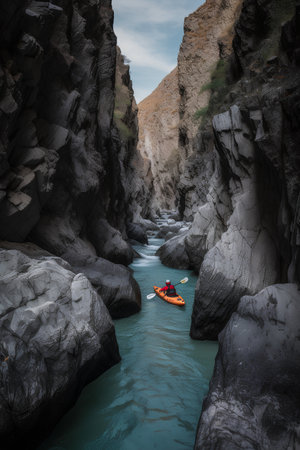 A man in a kayak paddles through the gorge on the riverの素材