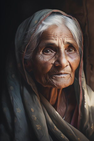Old Indian woman in traditional clothes. Portrait of an elderly woman.の素材
