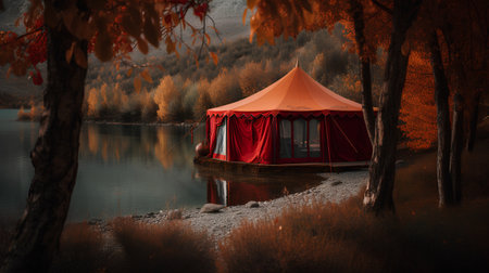Orange tent on the lake in the autumn forest. 3d renderingの素材