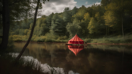 A red tent on the shore of a lake in the forest.の素材
