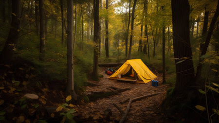 camping in the autumn forest. beautiful orange tent in the forestの素材