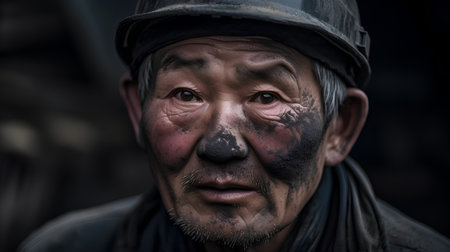 Portrait of a man with dirty face in the coal mine.の素材