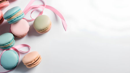 Macaroons with pink ribbons on white background, copy spaceの素材