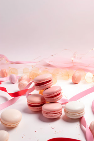 Colorful macaroons with pink ribbon and confetti on white backgroundの素材