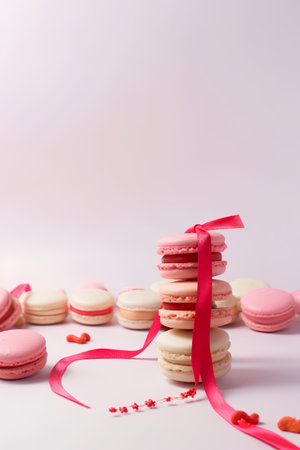 Macaroons with red ribbon on pink background. Copy space.の素材
