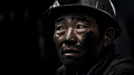 Portrait of a coal miner in a mine, close-upの素材