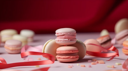 Macaroons with red ribbons on a pink background with copy spaceの素材