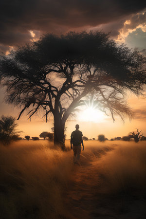 African savannah with a silhouette of an acacia tree at sunsetの素材