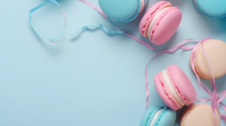 Colorful macaroons with ribbon on blue background, copy spaceの素材