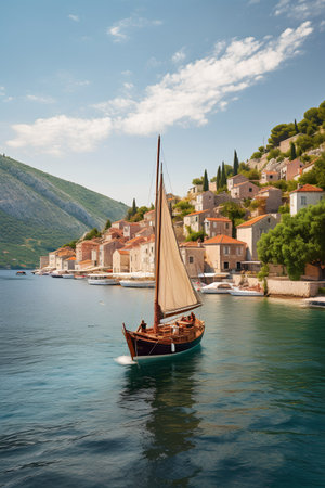 Sailing boat on the Adriatic Sea in Dubrovnik, Croatiaの素材