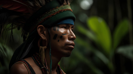 Portrait of a native indian man with traditional costume in jungleの素材