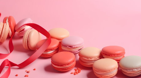 French macarons with red ribbon on pink background, copy spaceの素材