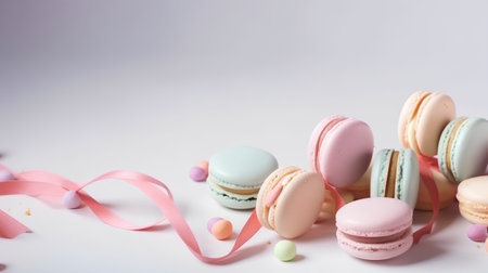 Colorful macaroons with pink ribbon on a white background.の素材
