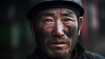 Portrait of a homeless man with dirty face in a black capの素材