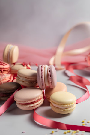 Macaroons on a white background with pink ribbon. Selective focus.の素材