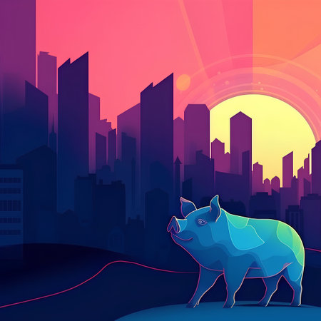 Vector illustration of a pig on the background of the city and the sunsetの素材