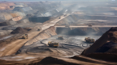 Coal mining in an open pit with excavators and dump trucksの素材