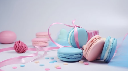 Tasty macaroons with pink ribbons on a white backgroundの素材