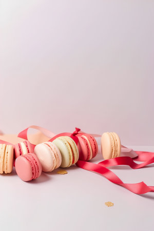 Colorful macaroons with red ribbon on pastel pink backgroundの素材