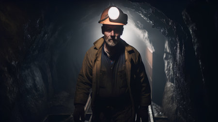 Portrait of a miner standing in a mine, looking into the distanceの素材
