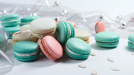 Colorful macaroons on a white background. Selective focus.の素材