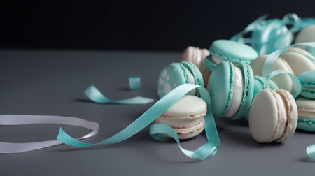 Tasty macaroons with ribbon on grey background, closeupの素材