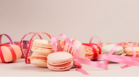 Colorful macaroons with pink ribbons on pastel backgroundの素材